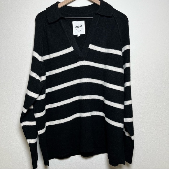 aerie Sweaters - Aerie Women Sweater‎ Small Black Whit Stripe Oversized Slouchy Polo Nautical